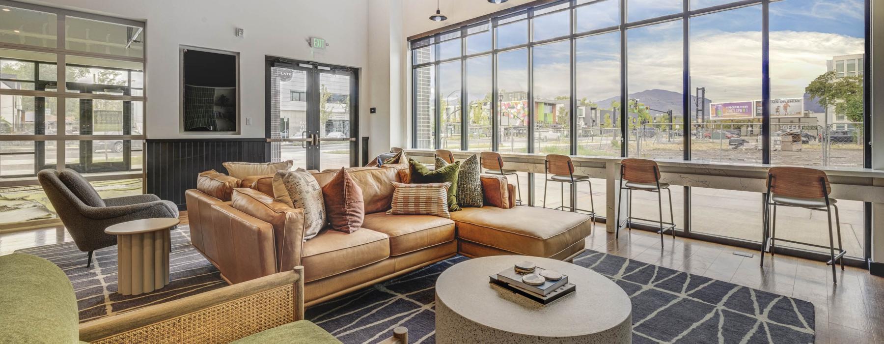 a living room with a large window