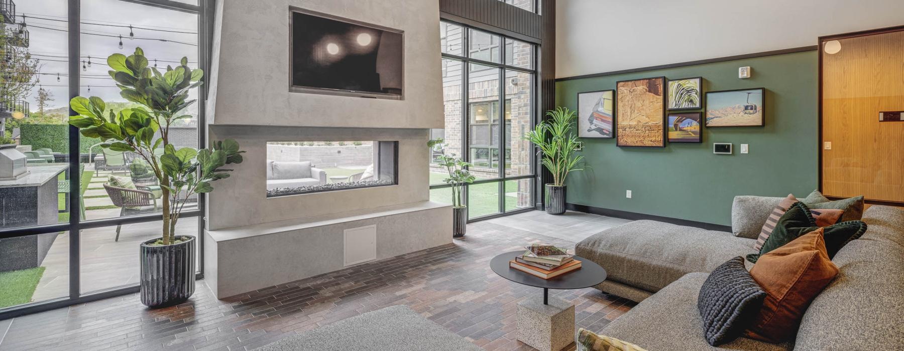 a living room with a large window